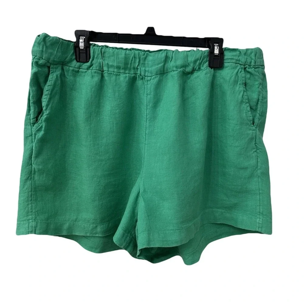 J.Crew Shorts XL Green Linen‎ Elastic Waist Seaside Pocket Casual Relaxed